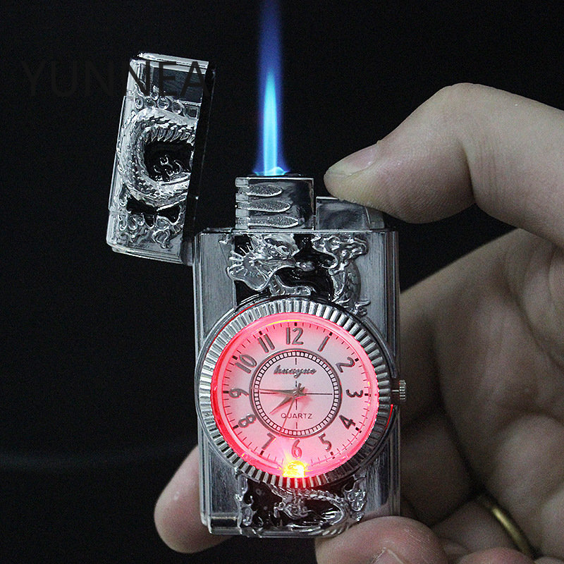 Złoty zegarek zapalniczka latarka Turbo zapalniczka gazowa wiatroszczelna cygara metalowe zapalniczki Led napompowany butan benzynowy