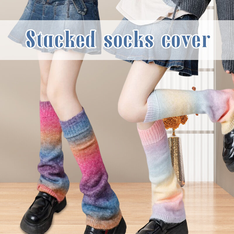 Japanese Elastic Knit Leg Warmers Socks JK High Boot Stockings Women Winter Retro Leg Sleeve Gradient Rainbow Girls Foot Cover