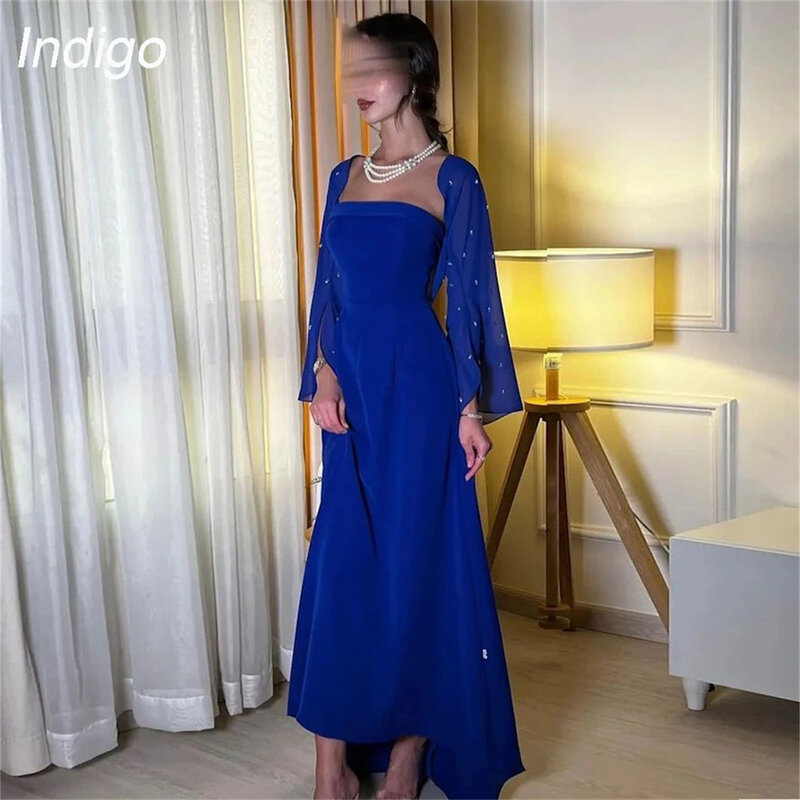 Indigo Prom Dress A-Line Long Sleeves Strapless Ankle-Length Beading Chiffon Simple Elegant Evening Gowns For Women فساتين الس