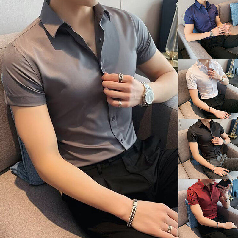 Comfy Fashion Shirt Men Dress Shirts Formal Polyester Regular Shirt Short Sleeve Slim Fit Solid Color Blouse Men