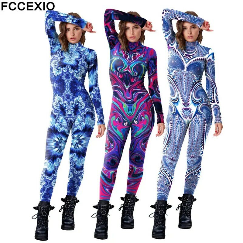FCCEXIO-mono con estampado 3D de geometría abstracta para mujer, fiesta de Halloween ajustado para traje Sexy, disfraces de carnaval, 2023