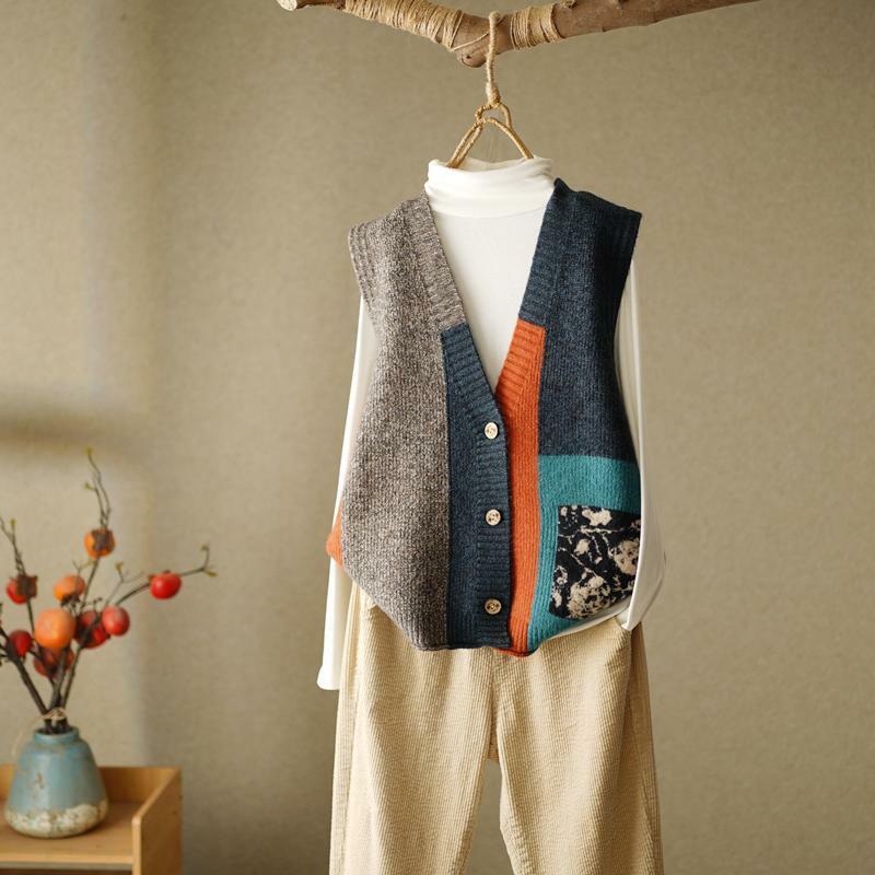 Осенние женские винтажные свитера со вставками, жилеты, кардиганы на пуговицах, вязаный модный Свободный Повседневный свитер без рукавов с V-образным вырезом, пальто 2022