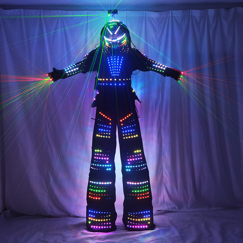 LED Robot Costume David Guetta Suit argento bianco pelle trampoli Walker Costume con guanti Laser casco amosfera Prop