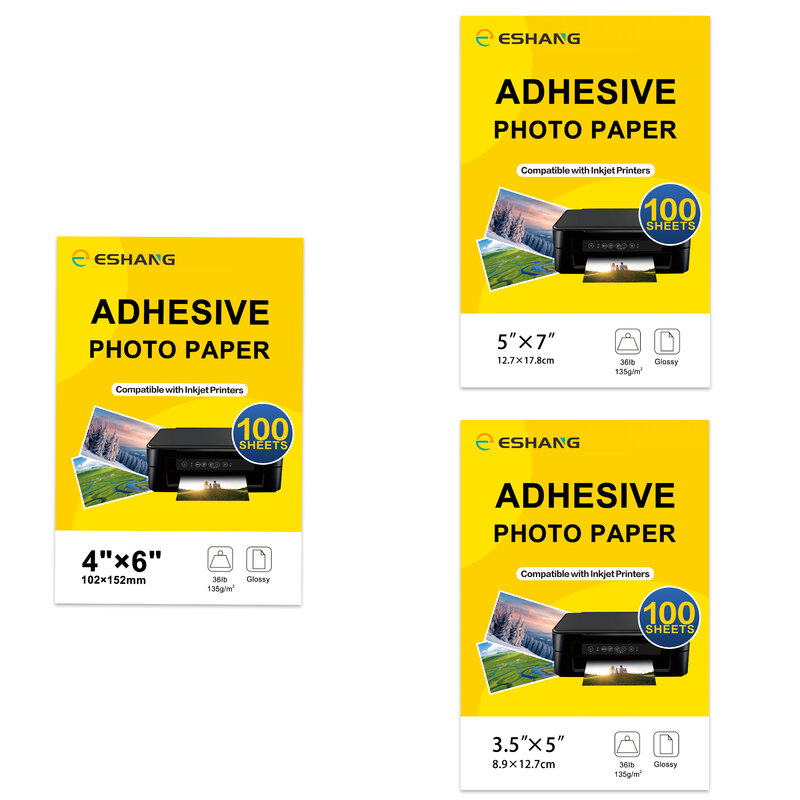ESHANG-Papel fotográfico auto-adesivo, papel autocolante brilhante para impressora jato de tinta, 5 ", 6", 7 ", 100 folhas, 135 g/m², 36Ib, nova capa