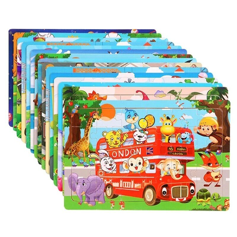 Neue 30 Stück Holz puzzles Cartoon Tier Verkehr Tangram Holz 3d Puzzle Montessori Lernspiel zeug für Kinder Geschenke
