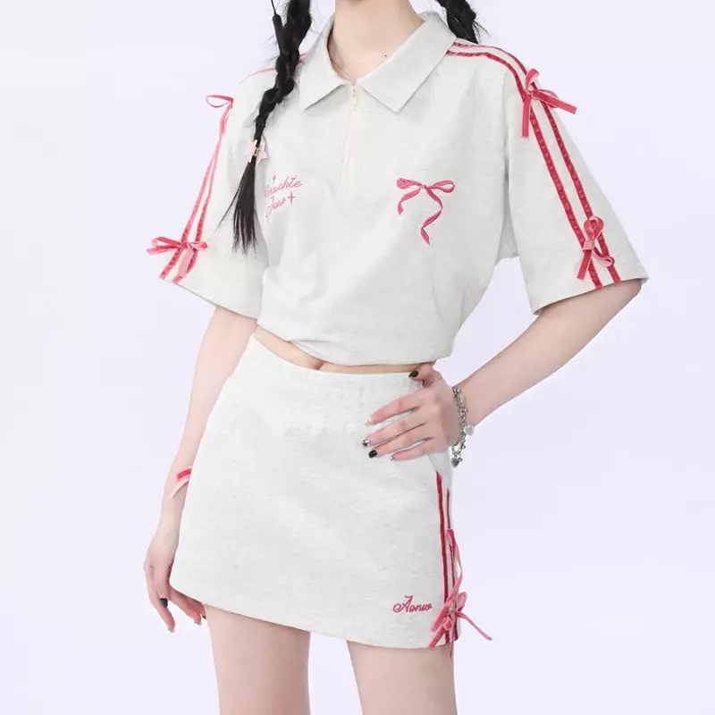 Summer New American Velvet Pink Bow Leisure Sports Suit Female Street Joker Short-Sleeved Skirt Sweet And Cool Two-Piece Suit