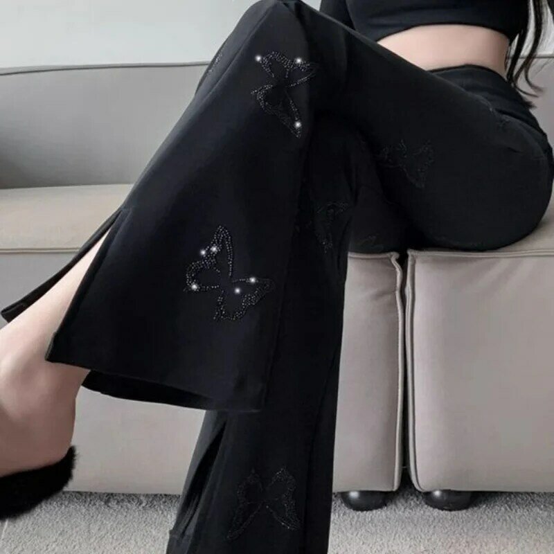 Koreaanse Zomer Nieuwe Mode Split Flare Pak Broek Vrouwen Zwart Eenvoudig Diamant Vlinder Casual Veelzijdige Zwarte Rechte Broek