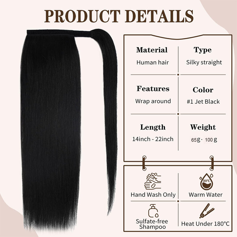 ポニーテール-人間の髪の毛のエクステンション,魔法のラップアラウンド,クリップ付き,ブラジル製,14〜22インチ
