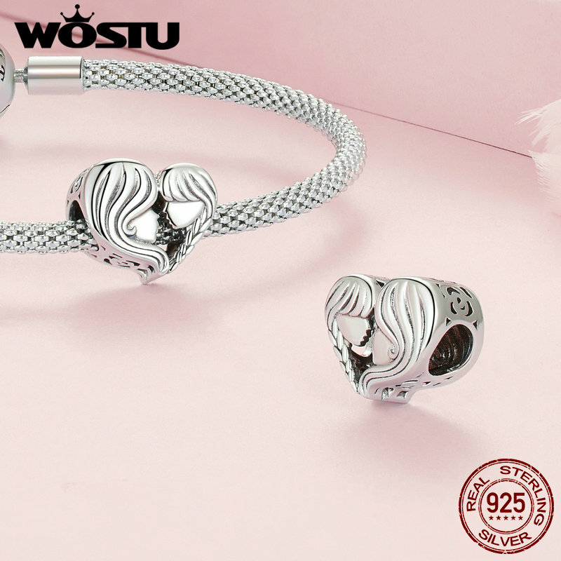 WOSTU 925 Sterling Silver Heart Shape Mom Love Charms Pendant Red CZ Baby Bead Fit Original Bracelet DIY Necklace Family Jewelry