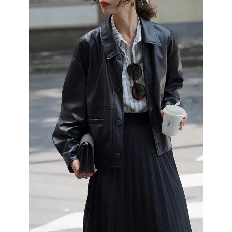 Women's Spring Black leather jacket Casual Loose Lapel PU Leather Coat Lady Fashion Single Breasted Outwear Motorcycle Suit