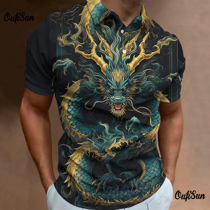 Mode Polo T-Shirts Voor Mannen 3d Dier Dragon Print Bloem Heren Shirt Dagelijks Casual Korte Mouwen Losse Oversized Sweatshirts