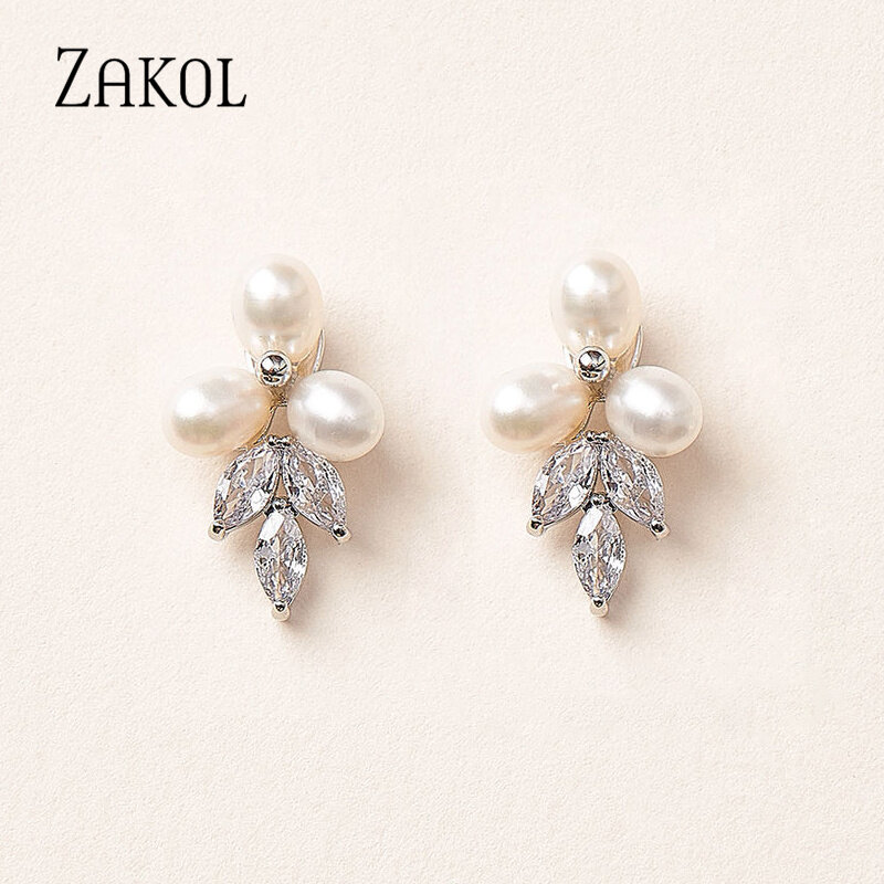 ZAKOL New Marquise Zirconia CZ Stone Dangle Earrings for Women Delicate Irregular Pearls Bridal Wedding Jewelry Birthday Gift