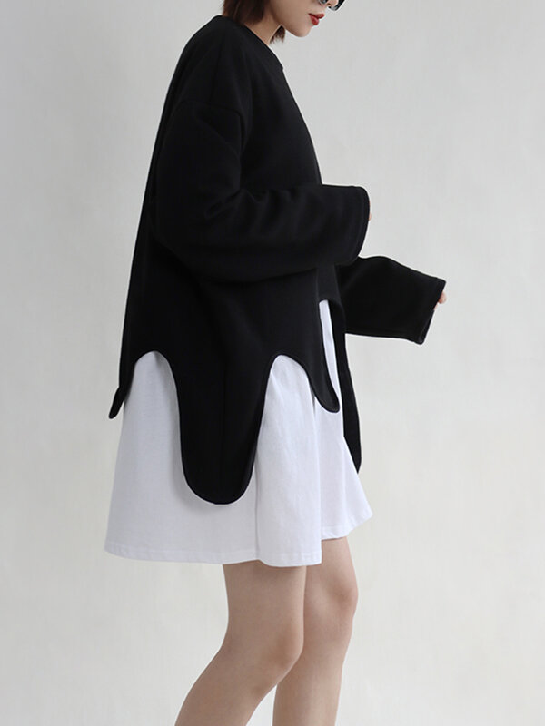 Eamフルフィット黒不規則なスウェットシャツ新しいラウンドネック長袖女性大型ファッションタイドスプリング秋2023 1df0420