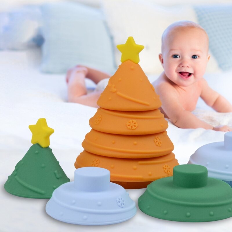 Mainan Pohon Natal Silikon Anak Bertumpuk Pengenalan Warna Pengembangan Cerdas untuk Hadiah Mainan Bayi Perempuan Laki-laki Belajar Bermain