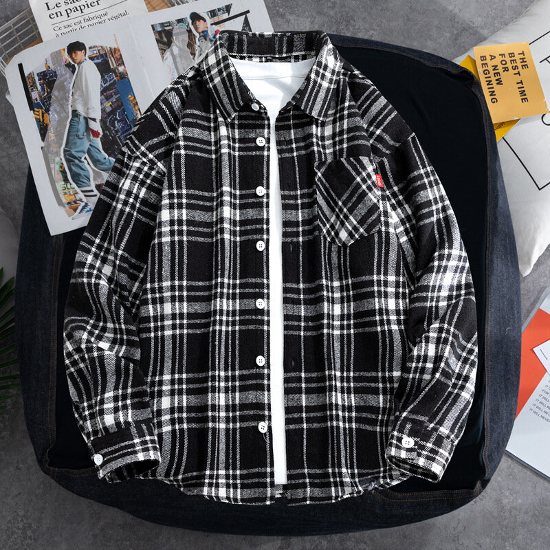 Camisa de manga larga para L-9XL, camisa holgada a cuadros, moda juvenil, talla grande, primavera y otoño, novedad