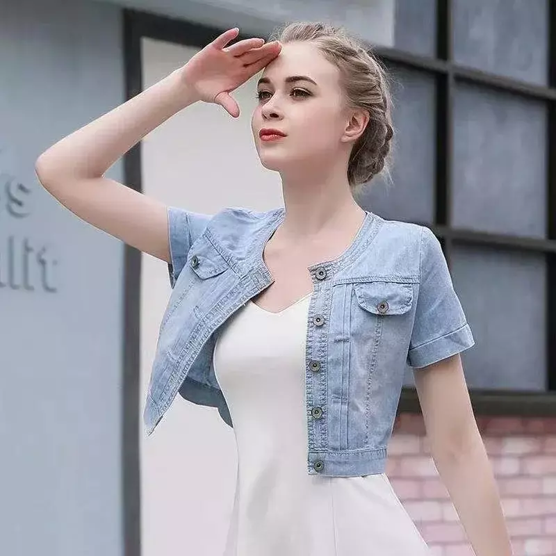 Deeptown Cropped Short Sleeve Denim Shirt for Women Summer Korean Fashion Thin Chic and Elegant Jean Blouses Cauasl Aesthetic