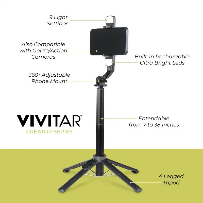 Vivitar-Selfie Stick Tripé com luzes LED Quad, controle remoto sem fio, preto, Vivtr2l36