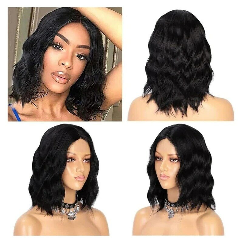 Fashion Short Black Bob Wig for Women Middle Part Synthetic Curly Hair Natural Looking Shoulder Length Wigs for Daily Party Use