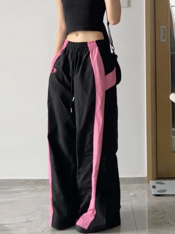 HOUZHOU-pantalones de paracaídas Y2k para mujer, pantalón de pierna ancha, estilo Hip Hop, rosa, holgado, estética coreana, ropa de calle informal de gran tamaño