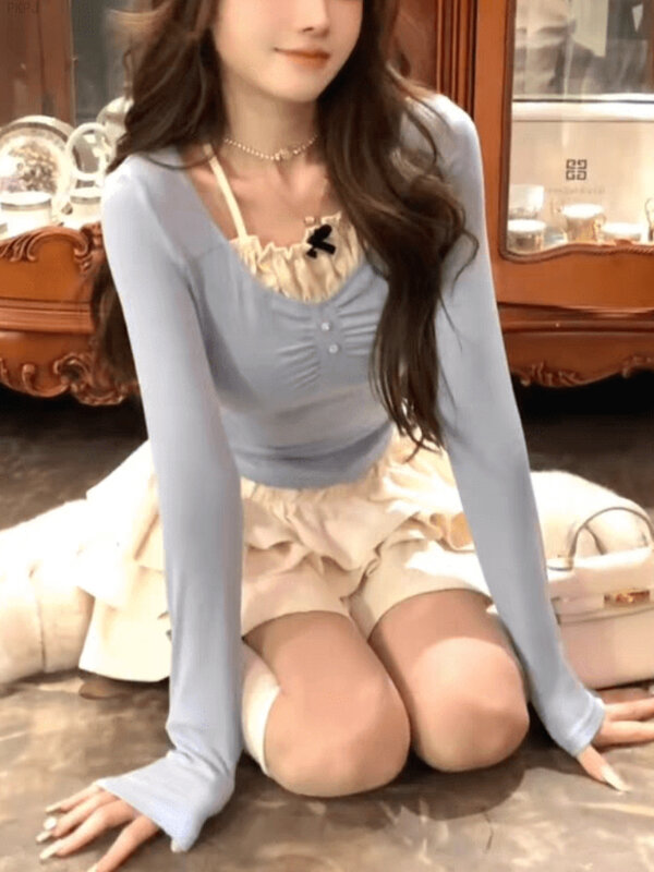 Blue Japanese Lolita 2-Piece Set Women 2024 Lace Bow Korean Elegant Skirt Suit Female Long Sleeve Blouse + Party Mini Cake Skirt