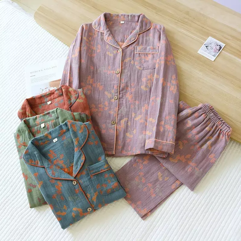 Conjunto de pijamas de manga comprida feminino, 100% algodão, fofo, estampa retrô, cardigã negligee, pijama feminino, outono
