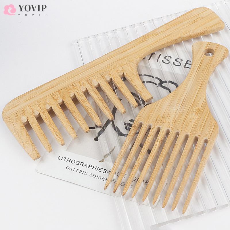 Sisir rambut kayu bambu alami Anti statis, sisir kayu Afro garpu untuk wanita, sisir kayu gigi lebar bulat 1 buah