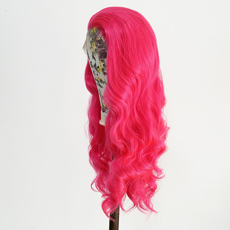 Pelucas frontales de encaje único para mujer, pelucas sintéticas sin pegamento, onda corporal rosa brillante 13x4, peluca de encaje sintético prearrancado