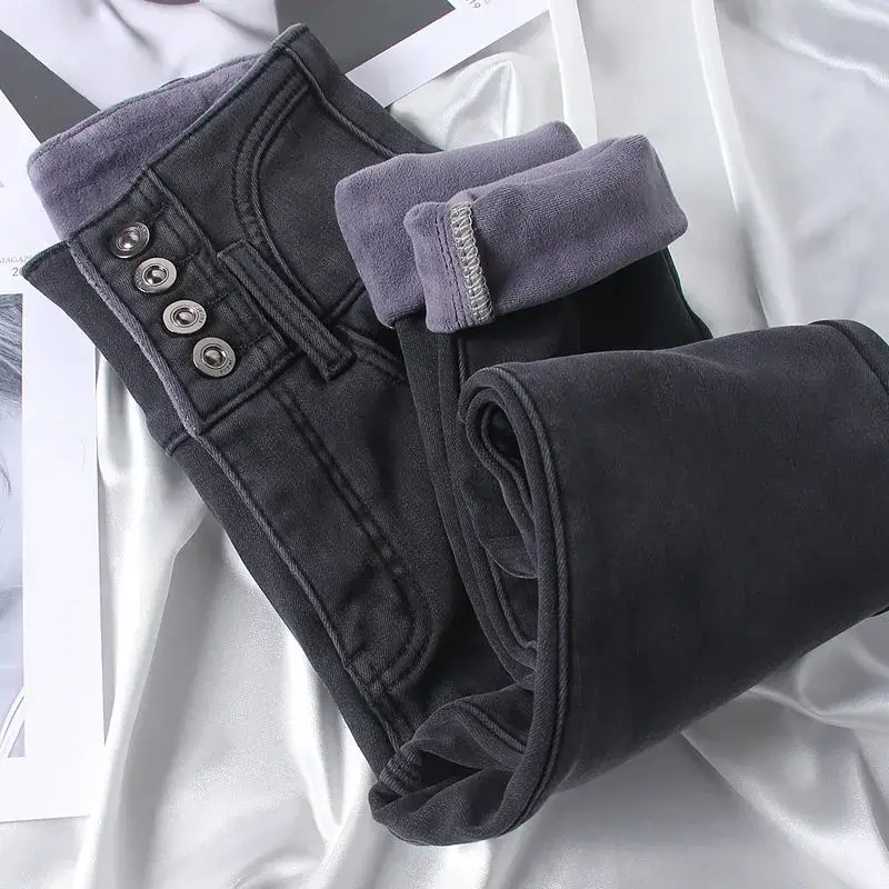 Damskie dżinsy zimowe grube modne 2023 nowy szczupły wysoki stan Plus aksamitne spodnie jeansowe szare ciepłe oversize Skinny Vaqueros