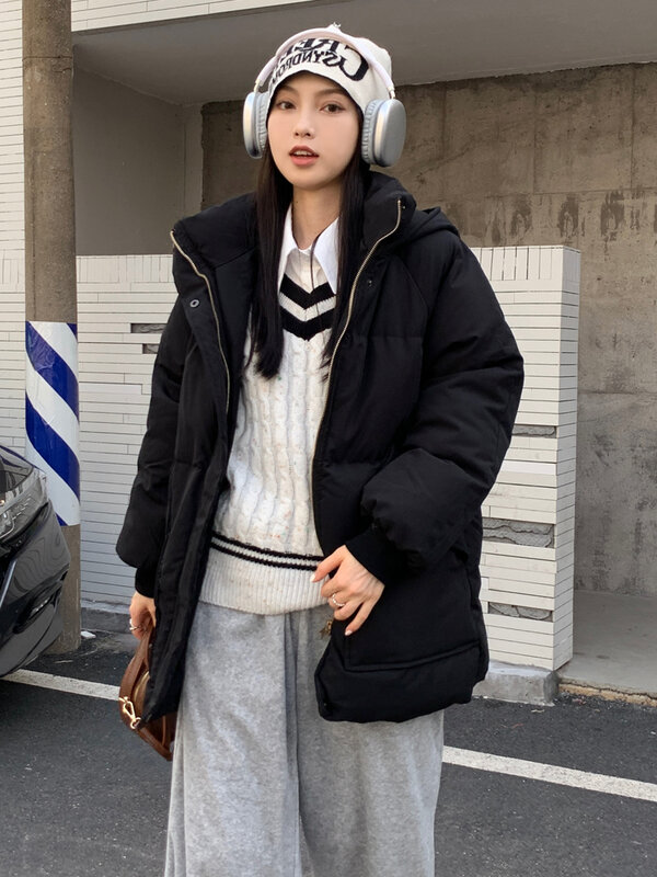 Parka casual feminina solta com capuz, jaqueta de algodão coreana, casaco feminino, inverno, 2023