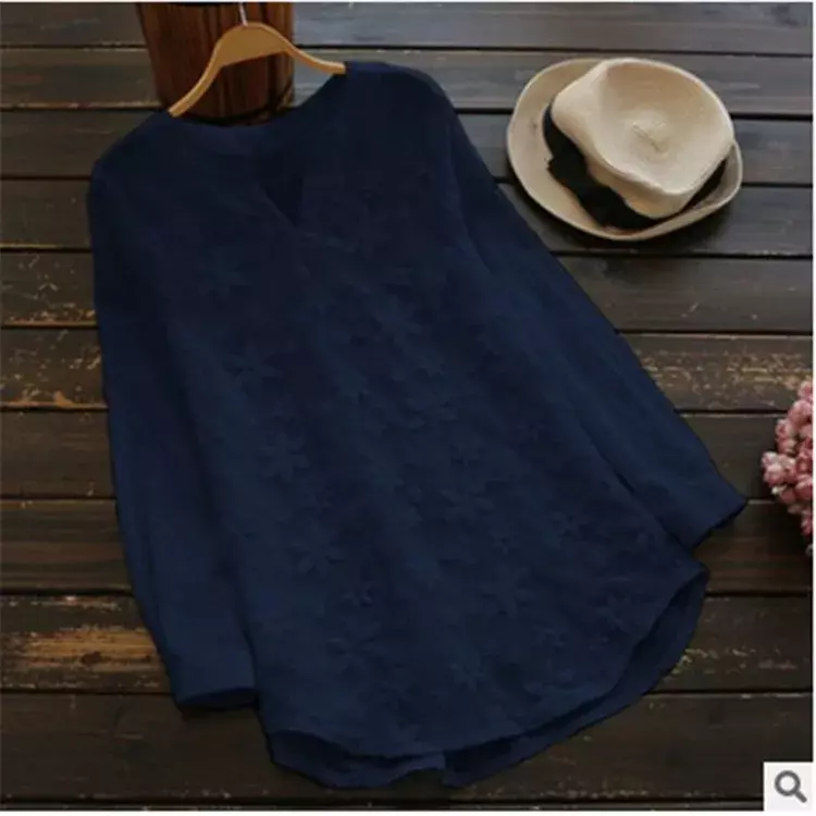 2023 Summer Autumn Hot Blouse Women Lace Long Sleeve Tops V Neck Embroidery Loose Plus Size S-5XL Elegant Shirt Blusas Female