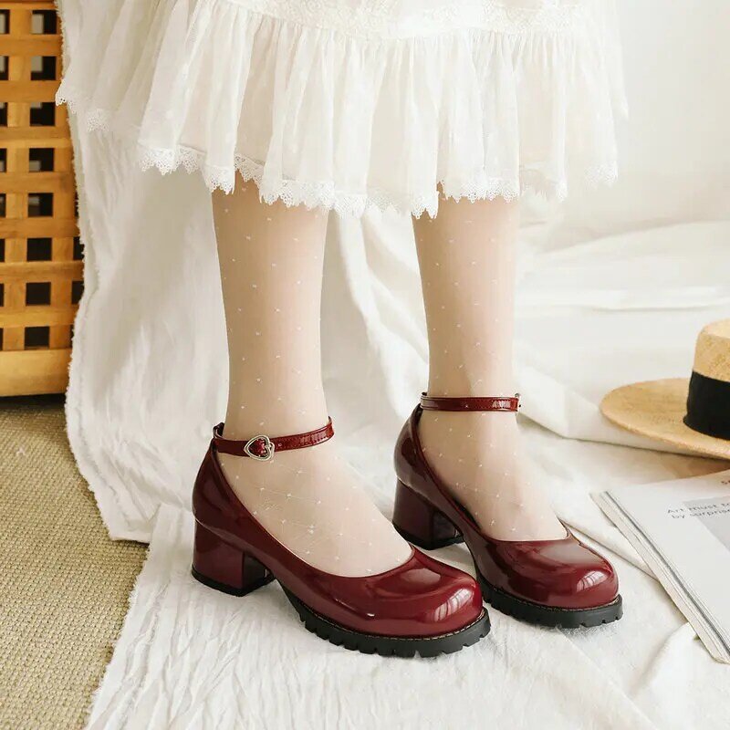 หนังเด็กผู้หญิงรองเท้าผู้หญิงปั๊มสิทธิบัตรหนัง Mary Jane รองเท้าส้นหนาสีดำรอบ Toe รองเท้าโรงเรียน30-46