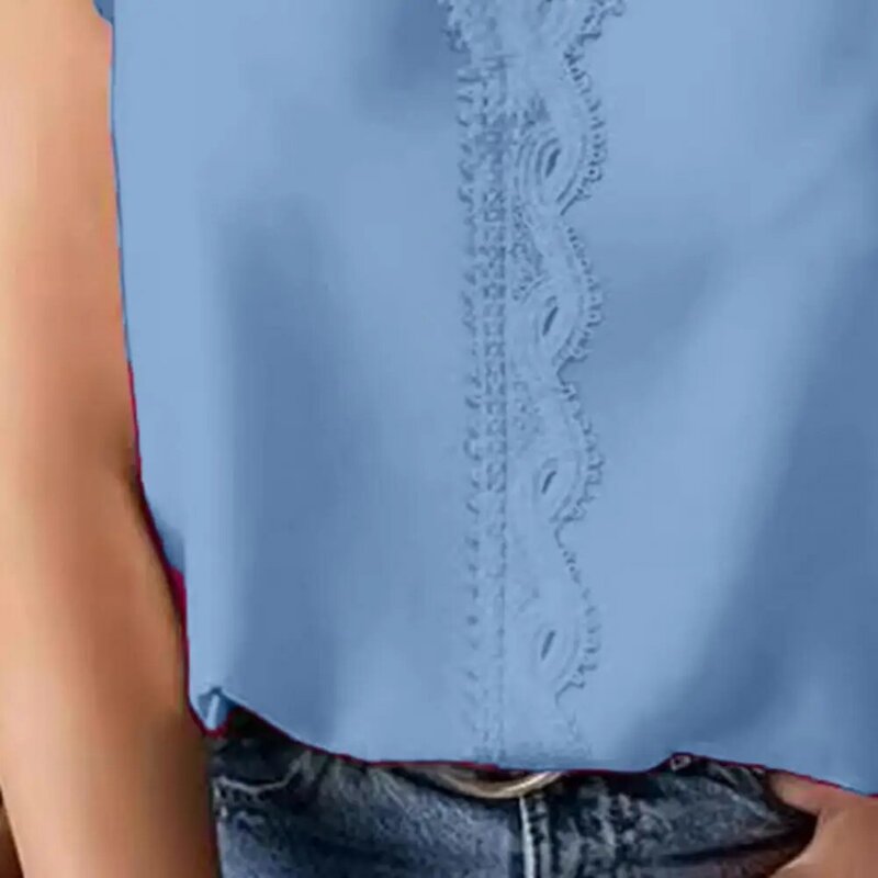 여성용 브이넥 러플 소매 셔츠, 레이스 스플라이싱 풀오버 상의, 단색 루즈핏 블라우스, 스트리트웨어, 여름
