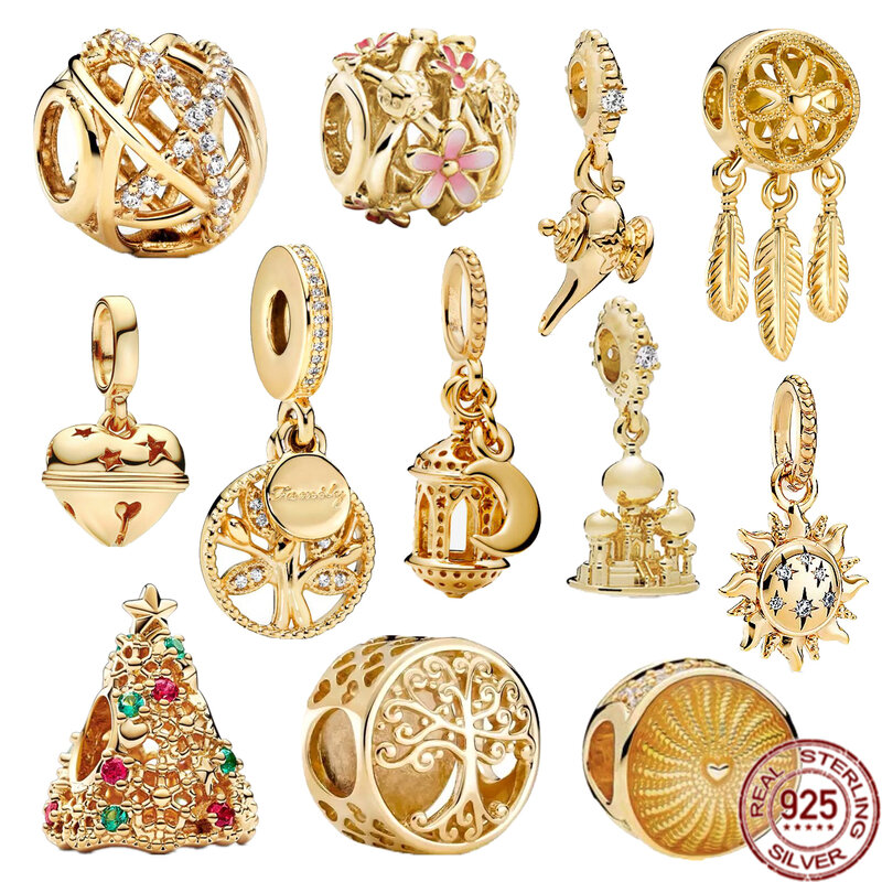 Breloque arbre généalogique en argent regardé 925 plaqué or, cloche festive, arbre de Noël, perles pendantes, convient au bracelet Pandora original, bijoux