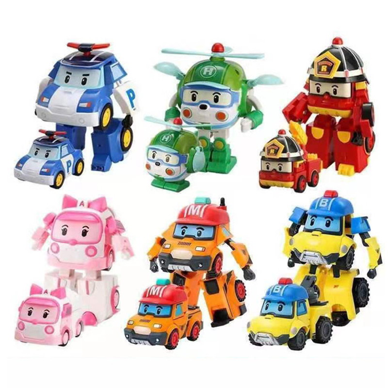 6Stks/set 2024 Korea Speelgoed Polis Robocars Transformatie Robot Poli Roy Amber Anime Action Figure Cartoon Toy Car Child