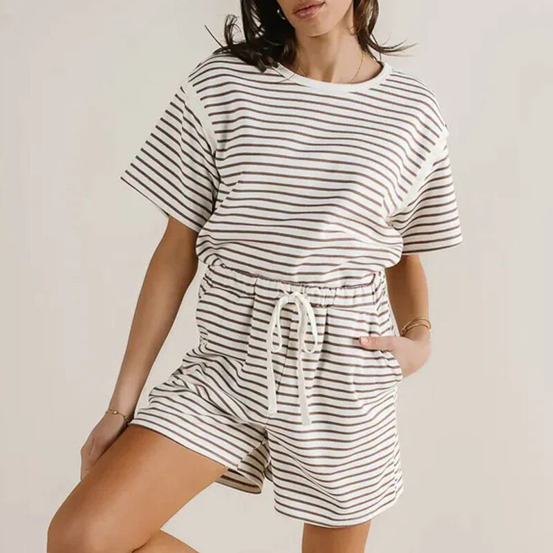 Women's Aesthetic Summer Shorts Set Striped Crew Neck Short Sleeve T-Shirt Tops Elastic Waist Shorts 2 Piece Clothes Set