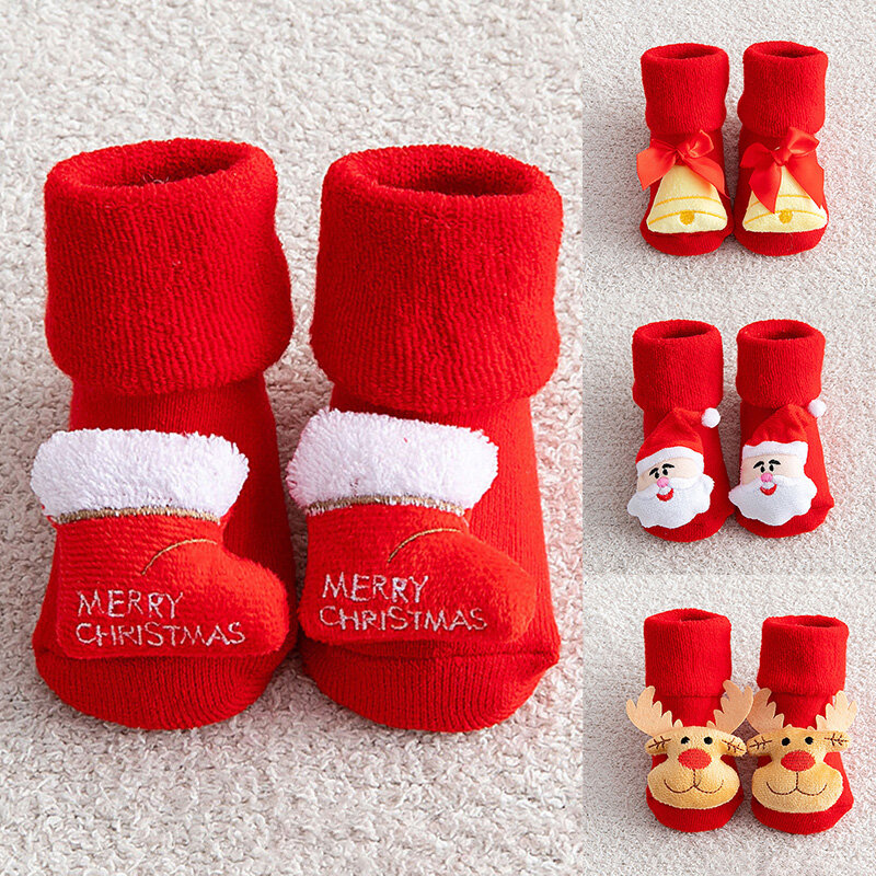 Calcetines de Navidad para bebé, alce rojo, Papá Noel, árbol de Navidad, botas de campana, decoración en forma, accesorios de fiesta, calcetín cálido grueso de invierno