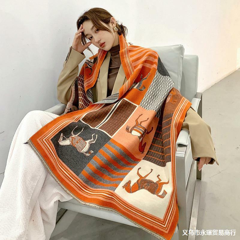 Bufanda-Écharpe de Luxe en Cachemire pour Femme, Design Pashmina Chaud, Couverture Cheval, Châle Enveloppant Optique, Hiver 2022