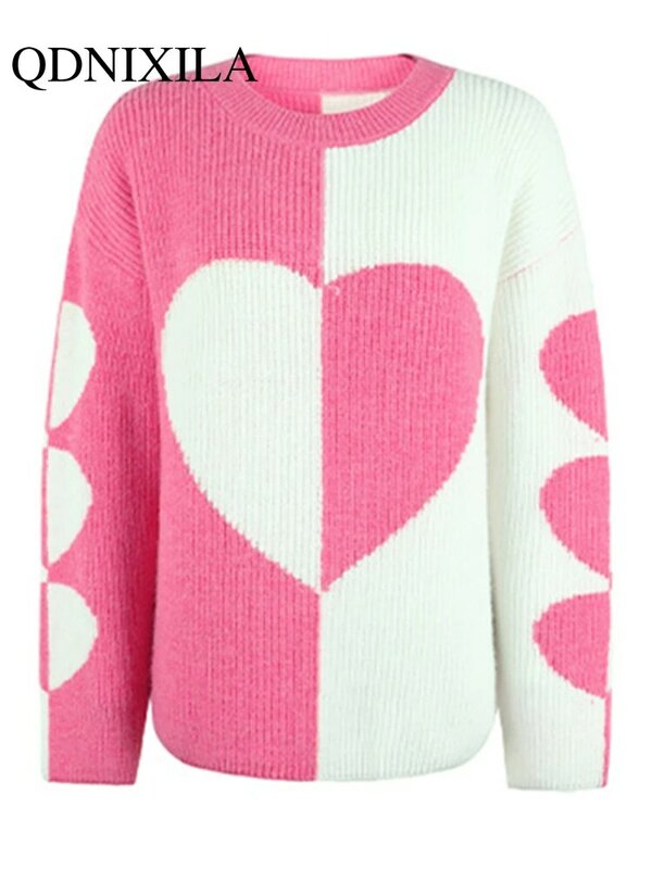 Damski sweter z okrągłym dekoltem Fashion Casual elegancki sweter z długim rękawem Loose estetics Heart Streetwear ubrania damskie