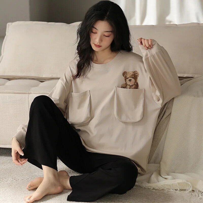 Conjunto de pijama coreano feminino, pulôver de mangas compridas, pijamas de algodão, outono, primavera, feminino, jovem, menina
