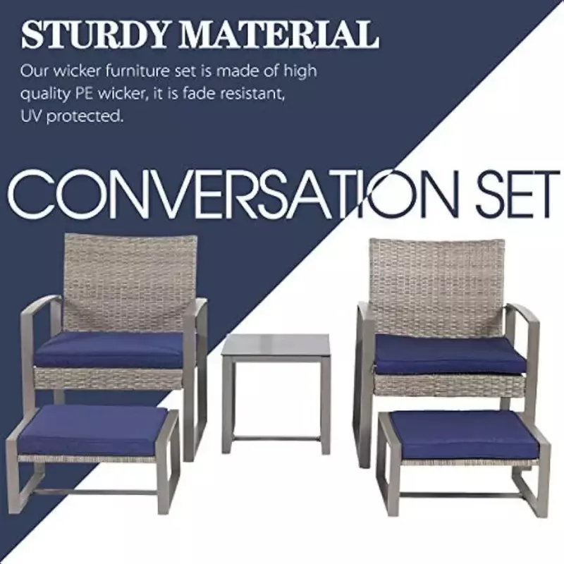 5 Piece Outdoor Conversation Set Furniture PE Rattan All Day Upholstered Chairs Balcony Porch, Glass Coffee Side Table
