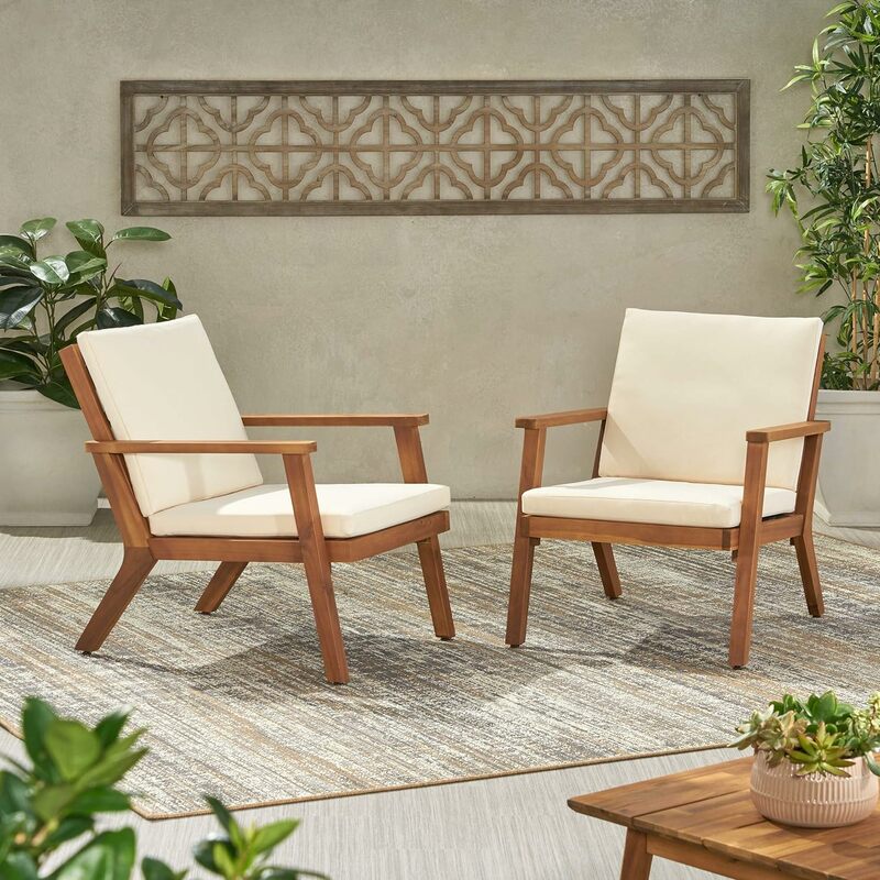 Christopher Knight Home Carlos Outdoor Acacia Wood Club Chairs with Cushions (Set of 2), Brown Patina Finish, Cream