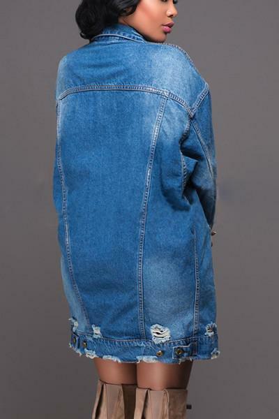 Jaqueta jeans de manga longa feminina com furo de água, moda feminina, casaco maxi solto, casual, lavagem, rua, novo, outono, inverno