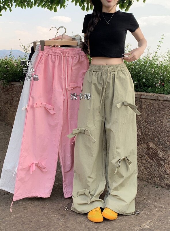 Women's Light Green Bow Pants Jogger Vintage Y2k Harajuku Aesthetic Baggy Sweatpants Oversize High Waist Trousers 2000s Clothes