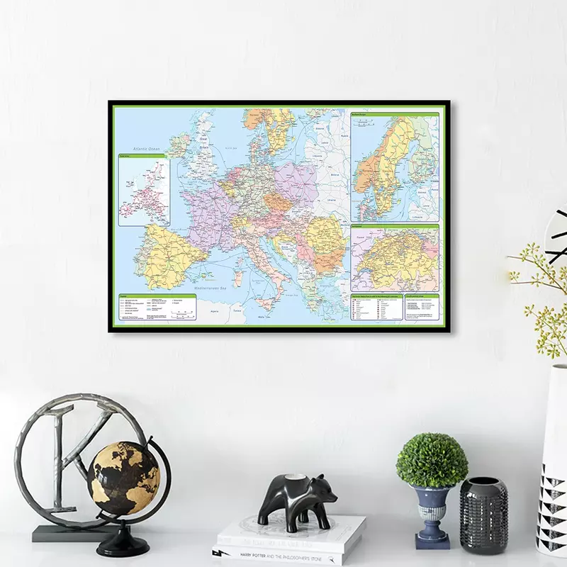 90*60cm The Europe Political and Traffic Map with Details Wall Art Poster Canvas Painting Home Decor Children School Supplies