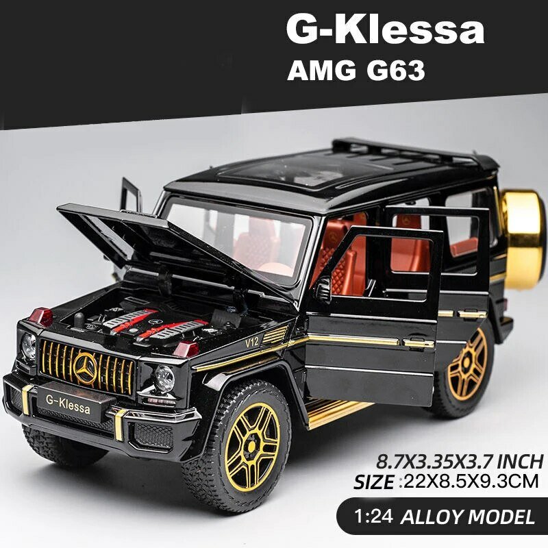 Carro modelo AMG G63 para crianças, liga de zinco, brinquedo puxador, som e luz, presente para meninos e meninas, 1:24