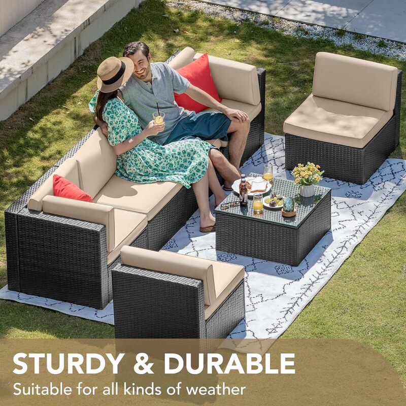 Set di mobili da giardino per divani componibili da esterno da 7 pezzi intrecciati manuali con cuscino e tavolo in vetro (Beige)