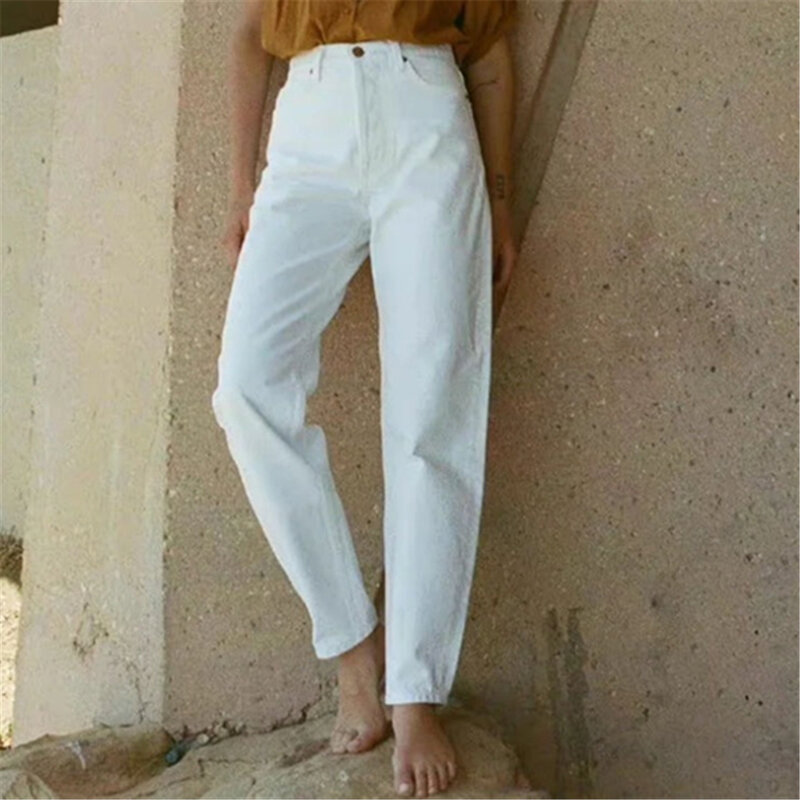 جينز أبيض للنساء ، سراويل قطنية مستقيمة عالية الجودة ، سراويل فاخرة ، جديدة ،