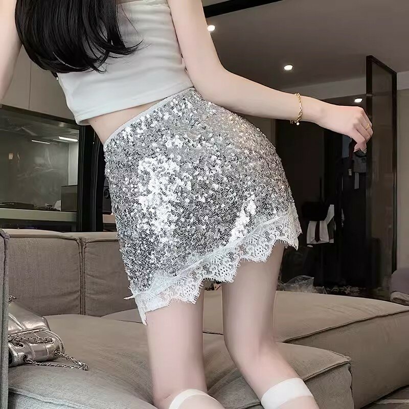 Rok Mini seksi payet berkilau mode wanita musim panas rok pinggang tinggi renda tambal sulam desainer rok pendek A-line wanita
