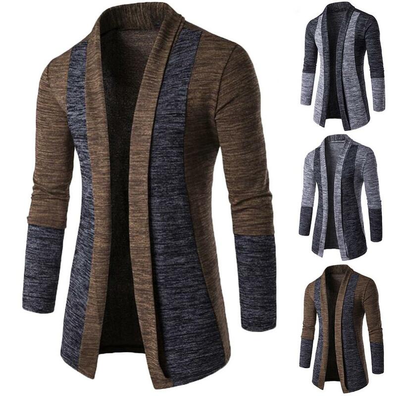 Cardigan de malha patchwork masculino, suéter slim fit, casaco de manga comprida, outwear retrô