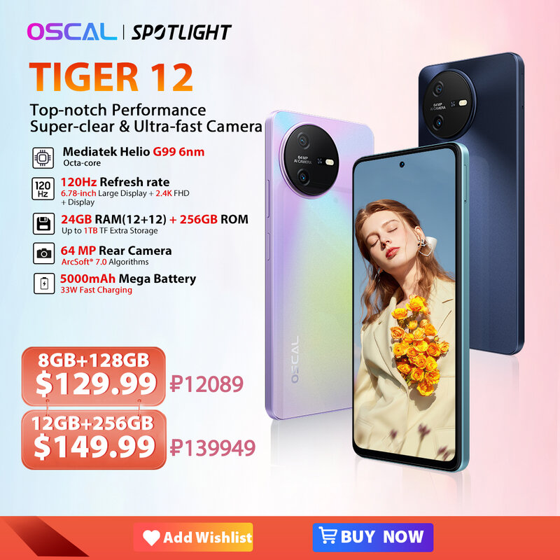[Prima mondiale] OSCAL TIGER 12 Smartphone Android13 Helio G99 6.78 ''120Hz 2.4K Display cellulare 24GB 256GB 64MP cellulare